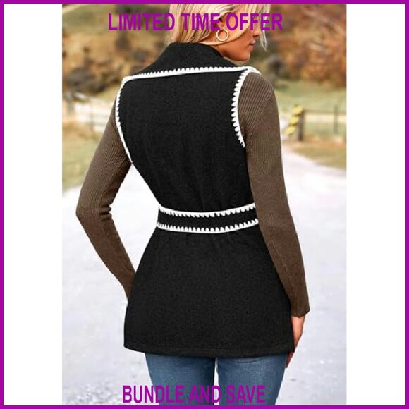 Tweed Vest Jacket Sleeveless Lapel Button Front Belt Winter Outerwear - Picture 3 of 8